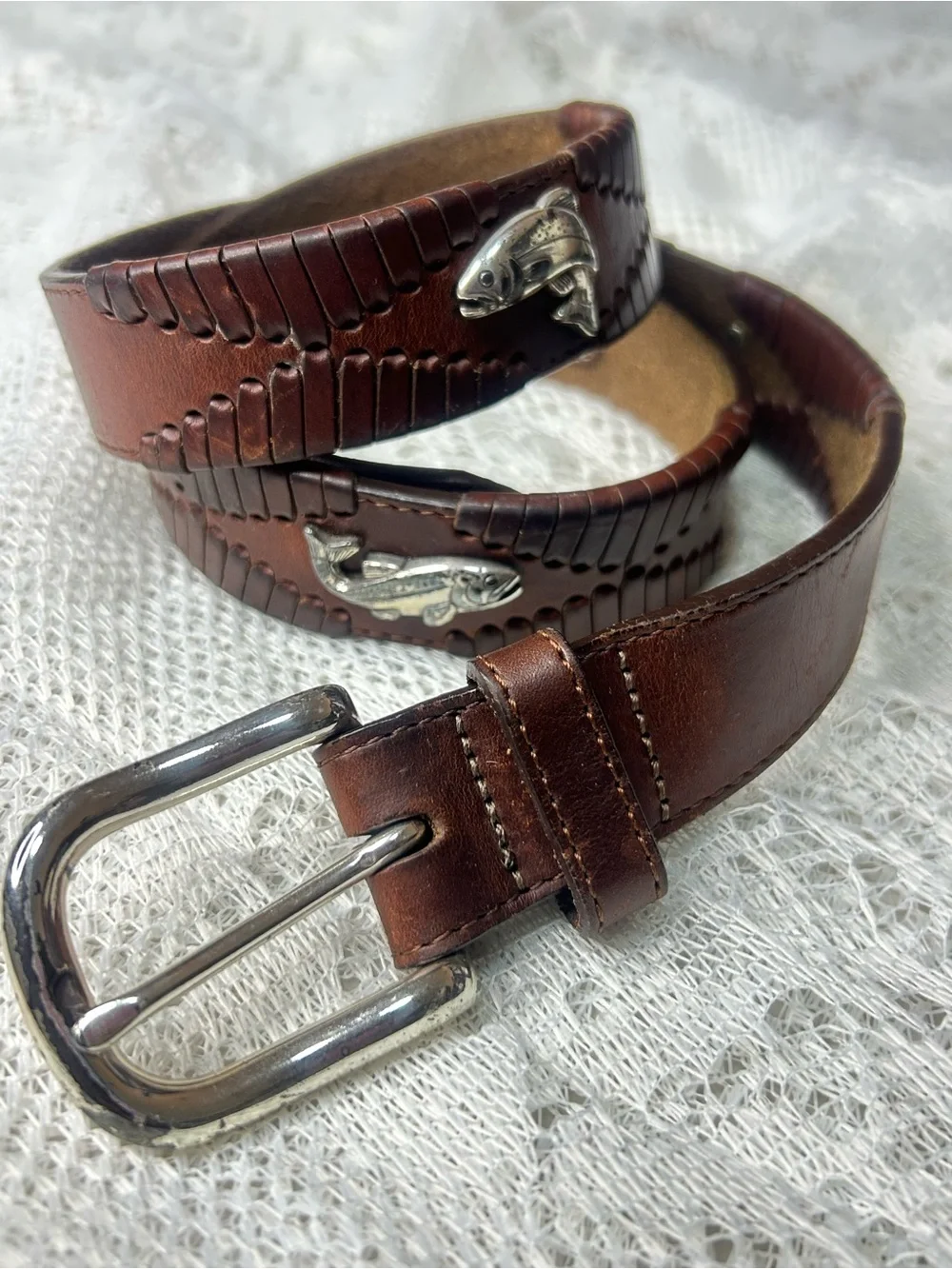Brighton men's brown leather belt with silver fish accents